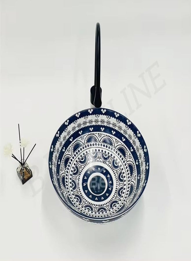 B BACKLINE حوض غسيل مغربي من السيراميك من Backline | حوض غسيل حمام من السيراميك يُوضع على سطح الطاولة | حوض غسيل عصري يُوضع فوق سطح الطاولة | حوض غسيل للحمام 43 × 43 × 12 سم (أزرق داكن مغربي) - Image 2